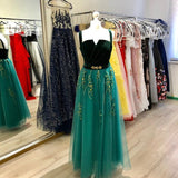 A Line Green and Black Tulle Prom Dress, Charming Appliques Formal Dress OKI13