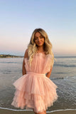 Pink Strapless Tiered Cake Homecoming Dresses With Layers Short Party Gown OK1450