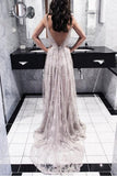 Charming A-Line Spaghetti Straps Backless Long Prom Dresses with Appliques OKH38