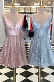 Sparkle Fitted Short Light Sky Blue V Neck A Line Homecoming Dresses OKO60