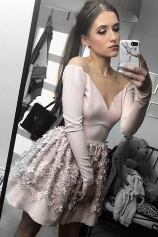 A-line Nude Long Sleeve Short Homecoming Party Dresses with Flowers OKO57