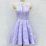 A-Line Above-Knee Lilac Satin Printed Homecoming Dresses with Pockets OKM15