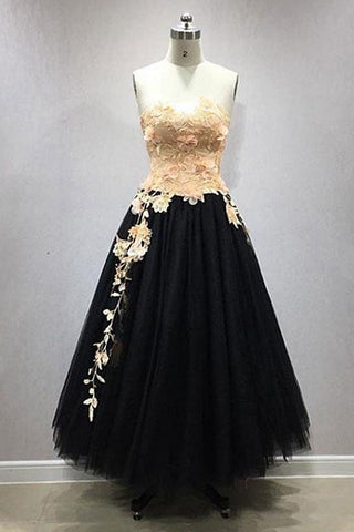 A Line Tulle Lace Appliqued Long Black Prom Dresses OKO52