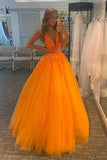 Orange A Line V Neck Tulle Lace Appliques Long Prom Dress Cheap Evening Dress OK1131