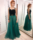 A Line Green and Black Tulle Prom Dress, Charming Appliques Formal Dress OKI13