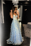 Charming A Line Light Blue Spaghetti Straps Long Prom Dresses OKP81