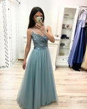 A Line Tulle Floor Length Prom Dress Beaded Long Evening Dress OKJ22