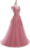 A Line Round Neck Lace Appliques Floor Length Prom Dress OKR11