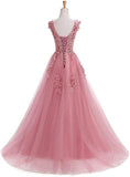 A Line Round Neck Lace Appliques Floor Length Prom Dress OKR11