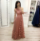 One Shoulder A Line Tulle Floor Length Prom Dress Cheap Long Evening Dress OKJ23