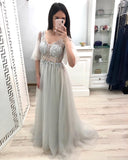 A Line V Neck Short Sleeves Prom Dress, Long Tulle Prom Gown OKK26