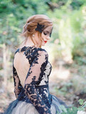 Charming Black Lace Puffy Prom Dresses,Long Sleeves Open Back Tulle Wedding Dress OK794