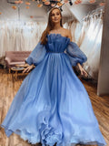 Blue Organza Long Sleeves Strapless Prom Dress A Line Formal Evening Dress OK1174