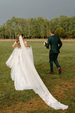 A Line Off the Shoulder Tulle Wedding Dress with Appliques N093