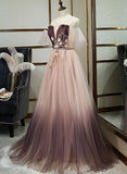 Unique A Line Tulle Applique Long Prom Dress Formal Evening Dress OK1249