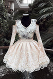 V Neck Lace Short Prom Dresses, Long Sleeves Homecoming Dress OKP31