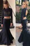 Black Beaded Long Sleeves Two Pieces Mermaid Backless Prom Dress K678