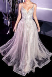 Pretty A Line Sequins Strapes Tulle V Neck Prom Dress Evening Party Dress OK1441