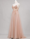 Women's Long V Neck Sexy Evening Dress A-line Tulle Beaded Prom Dress Blush OKY57