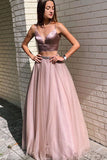 Sexy Spaghetti Straps Two Piece Tulle A-line Pink Prom Dress With Beading OKZ88