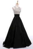 Black Open Back Beading Long A-line Satin Cheap Prom Dress K715