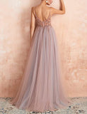 Women's Long V Neck Sexy Evening Dress A-line Tulle Beaded Prom Dress Blush OKY57