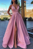 A Line V Neck Black Long Prom Dress SatinFormal Evening Dress With Pockets OK1280