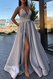 A Line V Neck Black Long Prom Dress SatinFormal Evening Dress With Pockets OK1280