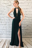 Elegant Dark Green Chiffon Split Long Prom Dresses With Beads OKK90