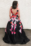 A Line Black V Neck Appliques Prom Dress, Long Cheap Prom Gown OKK31