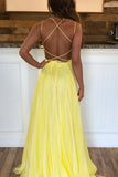 Criss Cross Back Beaded Yellow Long A Line Prom Dresses OKK80