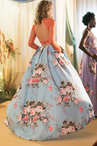 Two Pieces Long Sleeves Prom Dress, Floral Print Prom Gown With Pockets OKK32