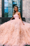 A-Line Strapless Long Prom Dresses with Train OKO55