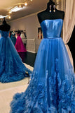 A-Line Strapless Long Prom Dresses with Train OKO55