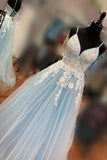 V-neck A Line Tulle Long Prom Dress Long with Appliques and Beading OK1603