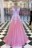 V-neck A Line Tulle Long Prom Dress Long with Appliques and Beading OK1603