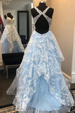 Elegant A Line Sweetheart Light Blue Open Back Appliques Long Prom Dress OK1063