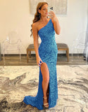 Mermaid Glitter One Shoulder Open Back Prom Dress With Slit Sequins Evening Dress OK1362