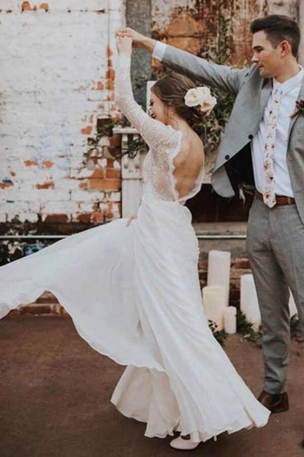 A Line Long Sleeves Lace V Nack Boho Beach Wedding Dress Bridal Gowns OK1133