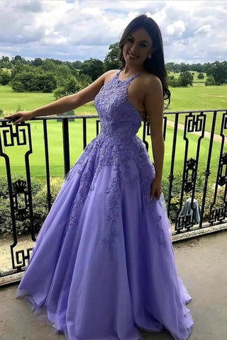 A Line Laverder Lace Appliques Long Prom Dress Formal Graduation Evening Dress OK1265