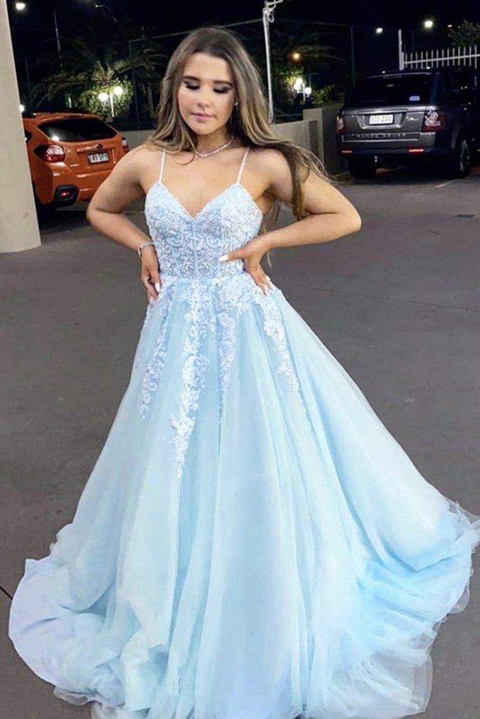 A Line V Neck Light Blue Lace Appliqued Long Prom Dresses, Spaghrtti Straps Evening Party Dresses OKZ57