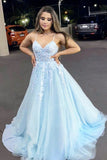 A-line V Neck Light Blue Lace Appliques Long Prom Dress Spaghetti Straps Formal Evening Dress OKY11