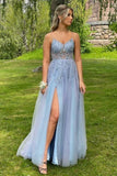 A-line V Neck Beaded Tulle Long Prom Dress Spaghetti Straps Formal Evening Dress OKZ10