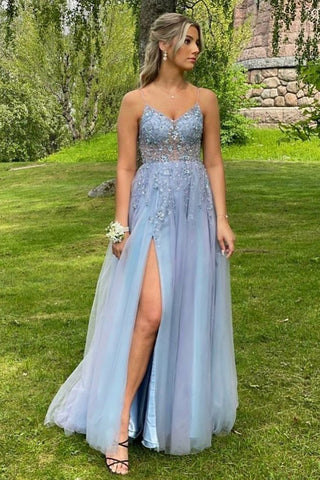 A-line V Neck Beaded Tulle Long Prom Dress Spaghetti Straps Formal Evening Dress OKZ10
