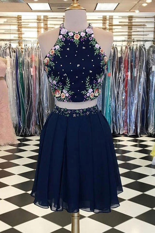 2 Pieces Dark Navy Scoop Floral Elegant Short Prom Dresses,Homecoming Dress OKD46