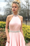 Fashion A-line Pink High Neck Sexy Back Cheap Beading Prom Dresses OKA15