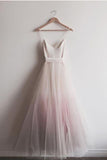 Charming Ombre A Line Spaghetti Straps Tulle Blush Long Prom Dresses OKD71