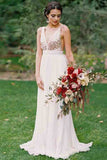 Gold Sequin Chiffon Backless Simple Beach Wedding Dress with Sash OKF2