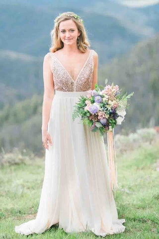 Gold Sequin Chiffon Backless Simple Beach Wedding Dress with Sash OKF2