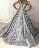 Chic Long Ball Gown V-neck Sequin Shiny Party Prom Dress Pretty Dress OD915